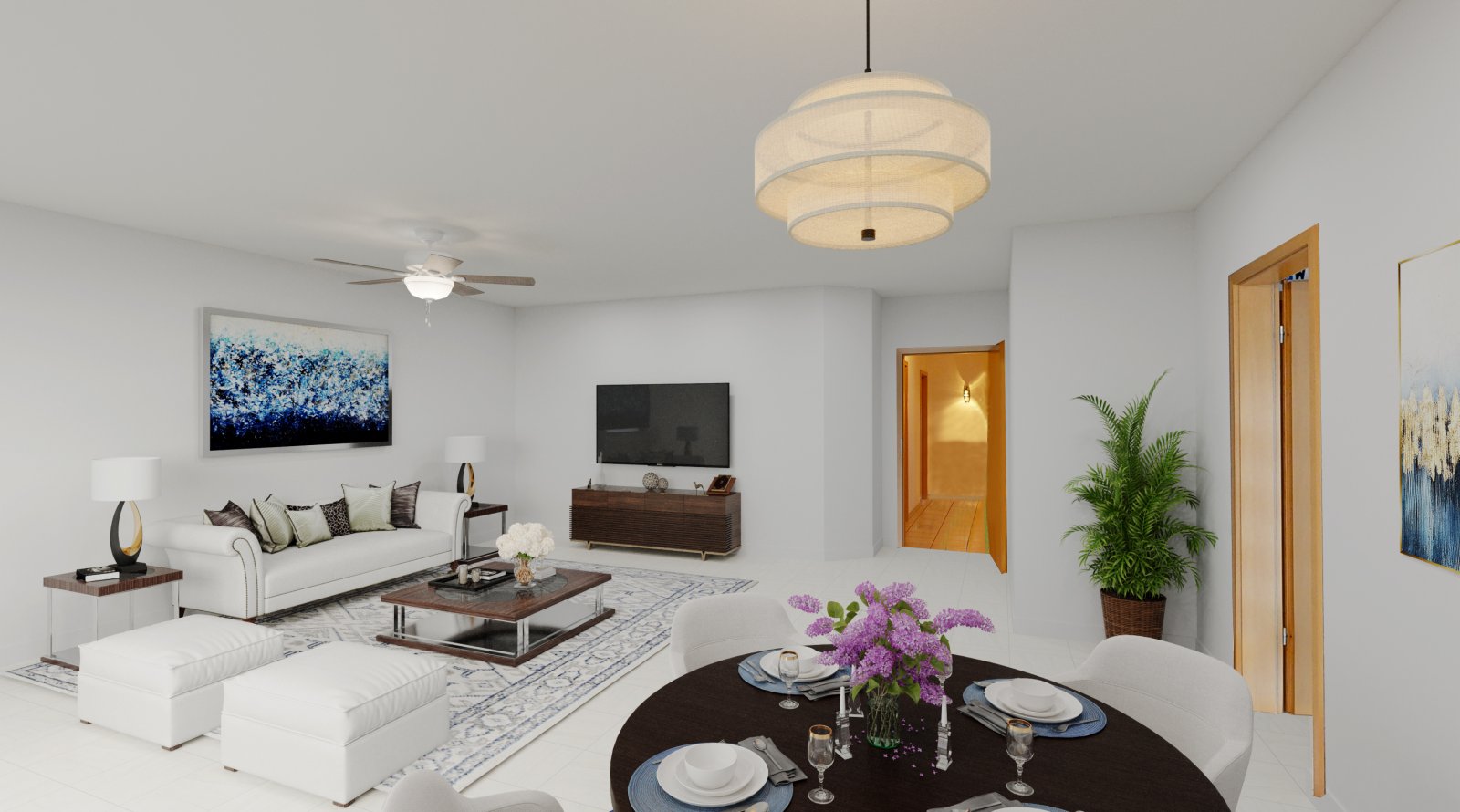 Wohnung 2: Wohn/Ess-Zimmer (Einrichtungsvorschlag) Wohnung 2: Wohn/Ess-Zimmer (Einrichtungsvorschlag)